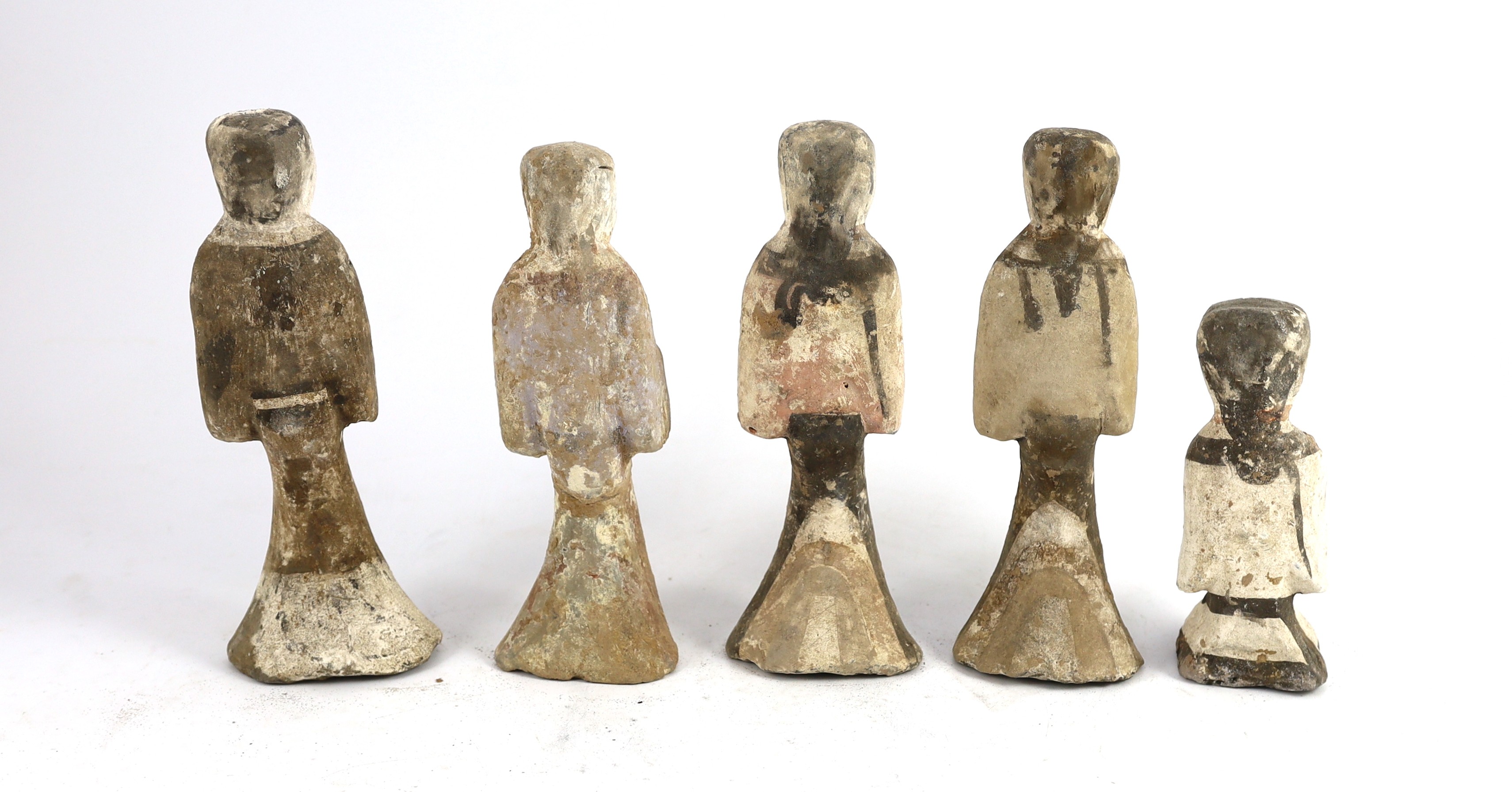 A set of five Chinese pigment painted pottery standing figures of musicians, Han dynasty or later, 15–22cm high